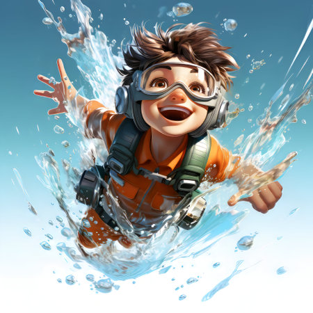 Surprised boy in a diving suit and glasses jumping in the waterの素材