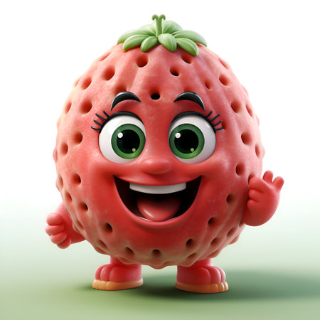 Cartoon character of strawberry with smiley face on green background.の素材