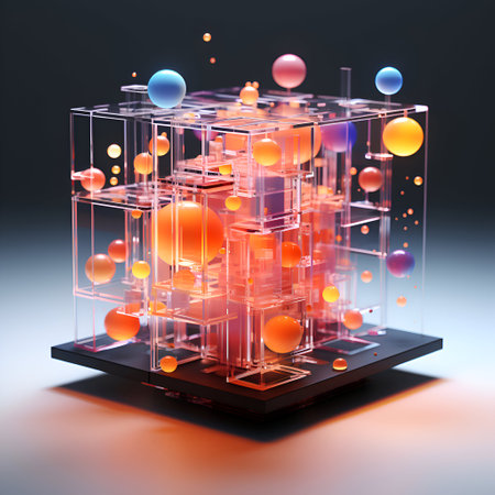 Abstract background with glass cubes and spheres. 3d render illustration.の素材