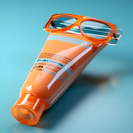 Orange tube of sunscreen with glasses on blue background. 3d illustrationの素材