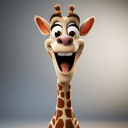 Cartoon giraffe with funny face expression on gray background. 3d illustrationの素材