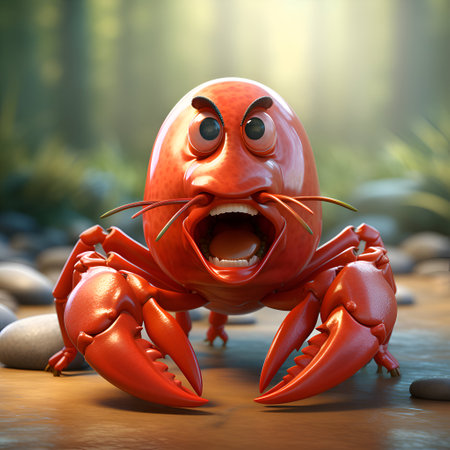 Funny red crab in the forest. 3d render illustration.の素材