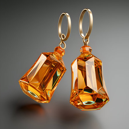 Golden earrings with gemstones on a dark background. 3d renderの素材