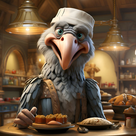 3D rendering of a pirate parrot in a cafe or restaurantの素材