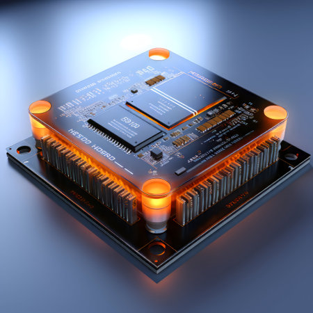 Circuit board with LED light on a blue background. 3d renderingの素材