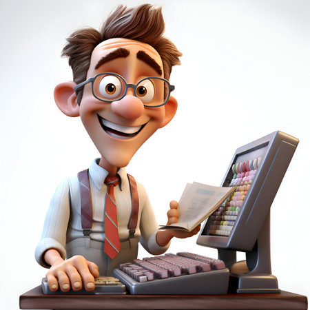 3D illustration of a cartoon character with a calculator and a computerの素材