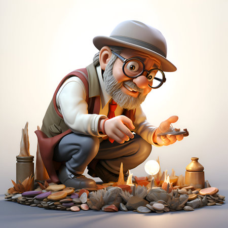 3D illustration of a cartoon character with a treasure hunt theme.の素材