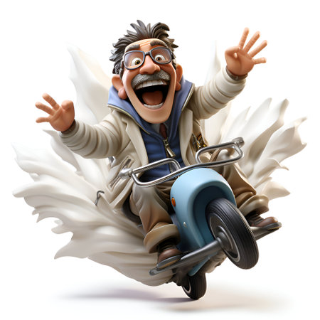 Cartoon old man riding a bicycle and waving his hand isolated on white backgroundの素材