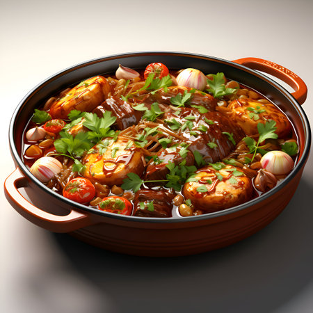 Noodle soup with meat. vegetables and spices in a clay potの素材