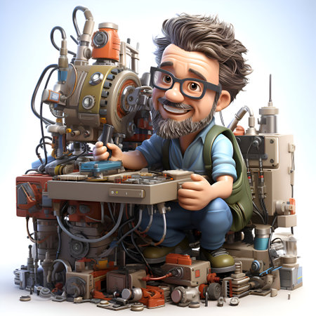 3D Render of a cartoon character with a robot and a machineの素材