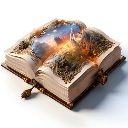 Open old book with magic landscape on white background. 3d illustrationの素材