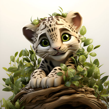 Cheetah sitting on a stump with green leaves. 3D illustration.の素材