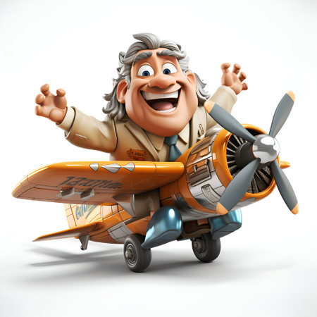 3D illustration of a happy old pilot with a propeller planeの素材