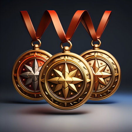 Gold medal with ribbons on a dark background. 3d illustrationの素材