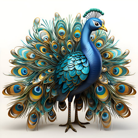 Peacock with colorful feathers on a white background. 3d illustrationの素材