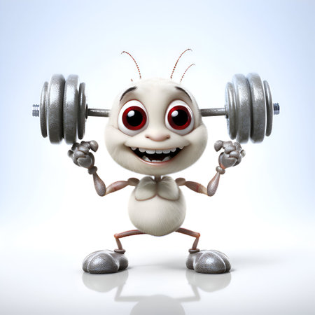 3D Illustration of a Cartoon Ant Character with a dumbbellの素材