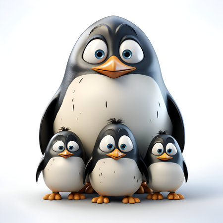 Cartoon penguin with family on white background - 3D Illustrationの素材