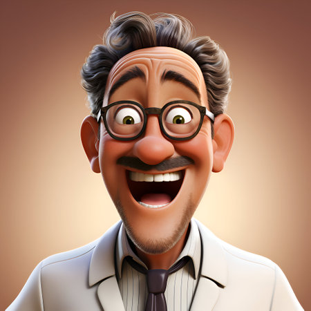 3D illustration of a funny man with glasses and a white coatの素材