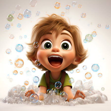3d render of a little boy with soap bubbles flying around himの素材