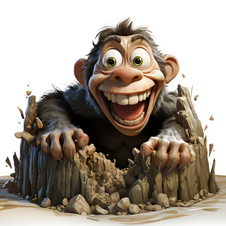 3D Illustration of a Chimpanzee looking through a hole in the groundの素材