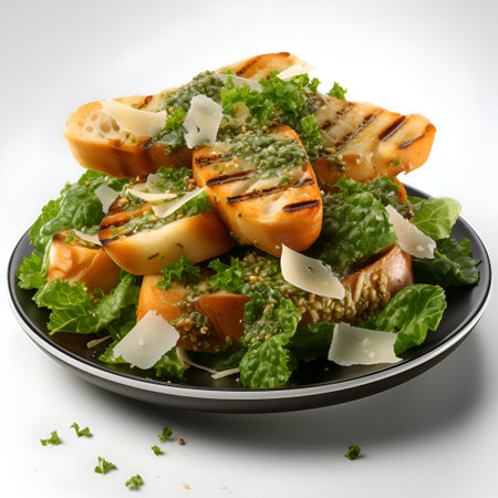 Salad with grilled fish. cheese and pesto on white backgroundの素材