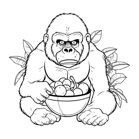 Gorilla with bowl of fruits. Monochrome vector illustration.のイラスト素材