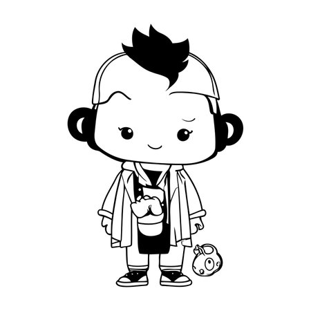 cute little boy with kawaii face and apple vector illustration designのイラスト素材