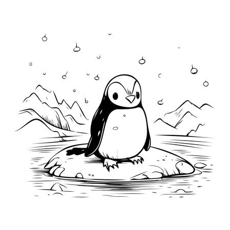 Cute penguin on the rock. Black and white vector illustrationのイラスト素材