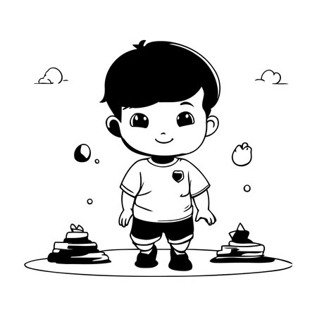 cute little boy playing with toys cartoon vector illustration graphic design in black and whiteのイラスト素材