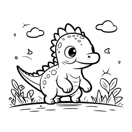 Cute baby dinosaur in the garden. Vector illustration for coloring bookのイラスト素材
