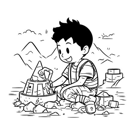 Boy playing with sand in the mountains. Black and white vector illustration.のイラスト素材