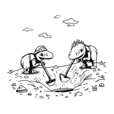 Vector illustration of two little dinosaurs digging a hole in the ground.のイラスト素材