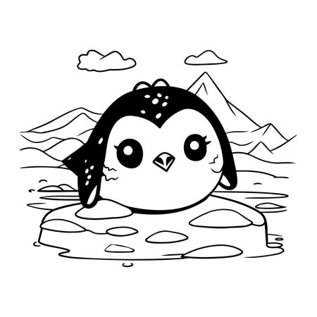 Cute penguin cartoon in black and white vector illustration graphic designのイラスト素材