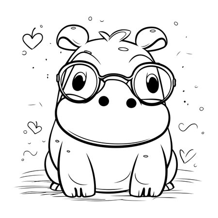 Cute hippopotamus in glasses. Vector illustration for coloring book.のイラスト素材