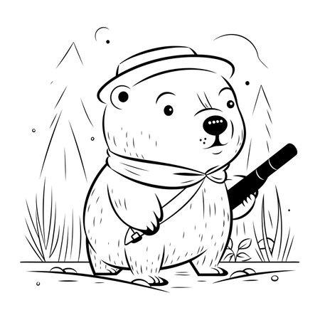 Illustration of a bear with a baseball bat on a nature backgroundのイラスト素材