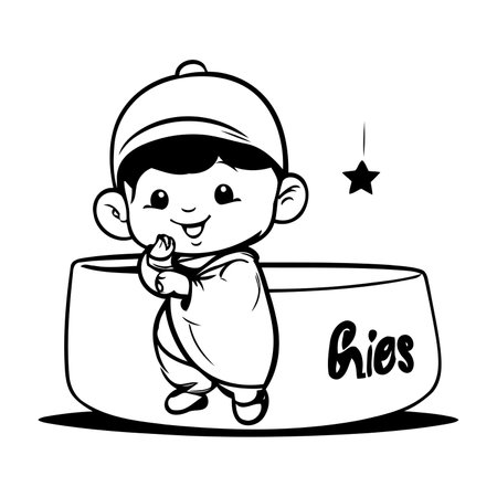 Cute boy holding a big block of cheese. Vector illustration.のイラスト素材