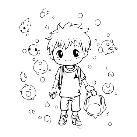 Cute little boy playing with bubbles. Vector illustration for coloring book.のイラスト素材