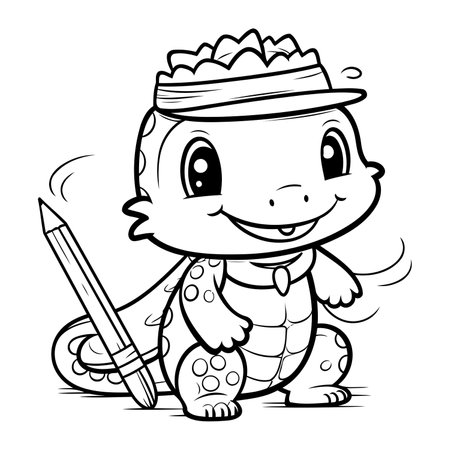 Black and White Cartoon Illustration of Cute Little Lizard Artist Character Coloring Bookのイラスト素材