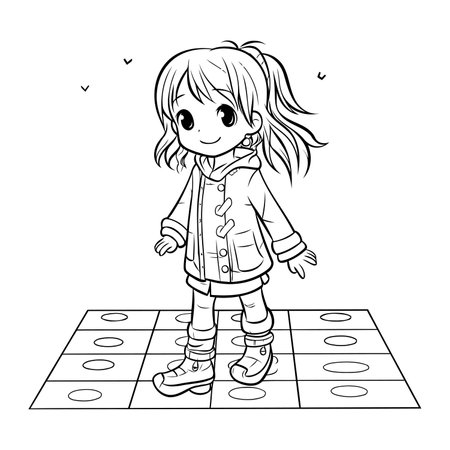 Little girl playing chess. Black and white vector illustration for coloring book.のイラスト素材