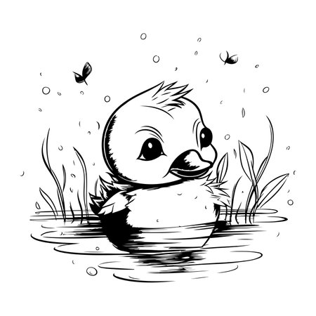 Cute little duckling in the water. Black and white vector illustration.のイラスト素材