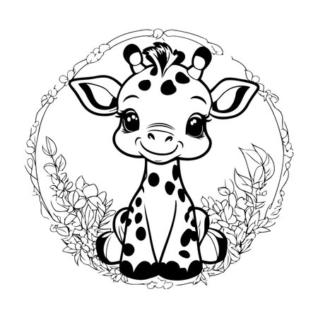cute giraffe with floral frame cartoon vector illustration graphic design in black and whiteのイラスト素材