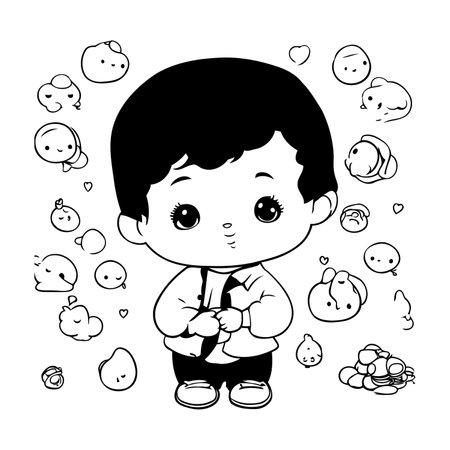 Cute little boy with speech bubbles around him. Vector illustration.のイラスト素材