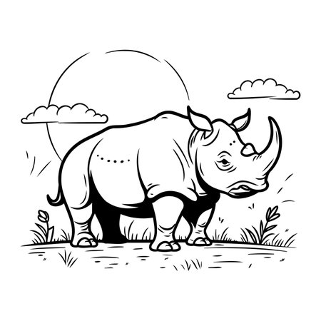 Rhinoceros. Black and white vector illustration for coloring bookのイラスト素材