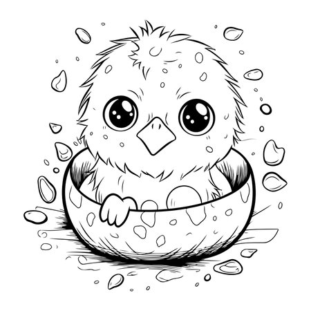 Cute little chick in egg. Black and white vector illustration for coloring book.のイラスト素材