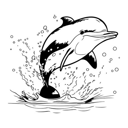 Dolphin jumping out of the water. Black and white vector illustration.のイラスト素材