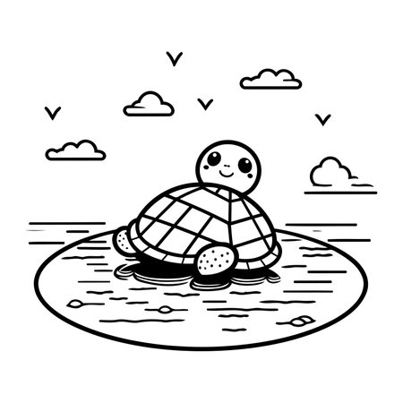 cute turtle cartoon in the lake vector illustration graphic design black and white