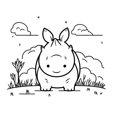cute little hippo in the field character vector illustration desingのイラスト素材