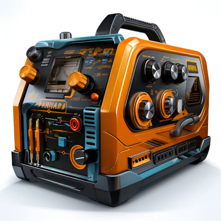 3D rendering of an orange radio tuner on a white backgroundの素材