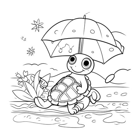 Coloring book for children. little turtle with an umbrella in the rainのイラスト素材