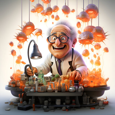 3D rendered illustration of a senior scientist working in his laboratory.の素材